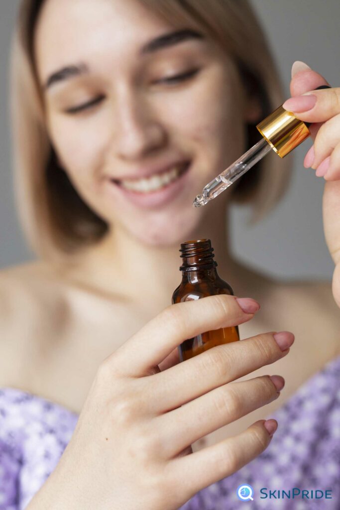 An image of a woman applying CBD-infused skincare products, highlighting the benefits of incorporating CBD into your skincare routine for healthier and radiant skin.SkinPride app