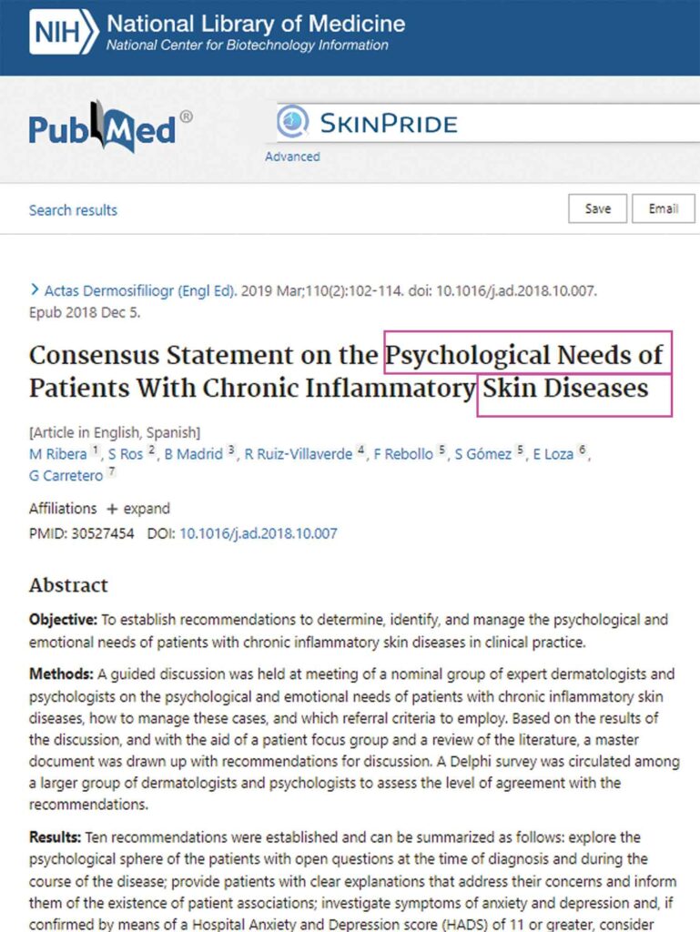 Illustration summarizing the Consensus Statement on addressing the psychological needs of patients with chronic inflammatory skin diseases, the psychology of clear skin