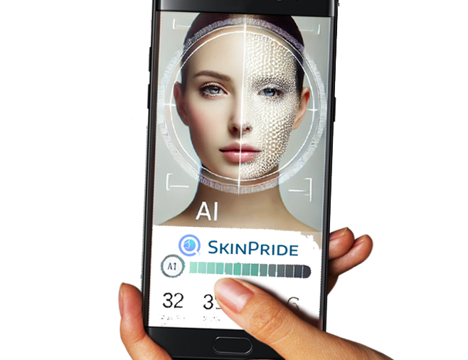 "A smartphone displaying a woman's face being scanned by AI, showing skin metrics such as hydration levels and elasticity, with skincare products in the background, representing tech-driven personalized skincare solutions." Skinpride