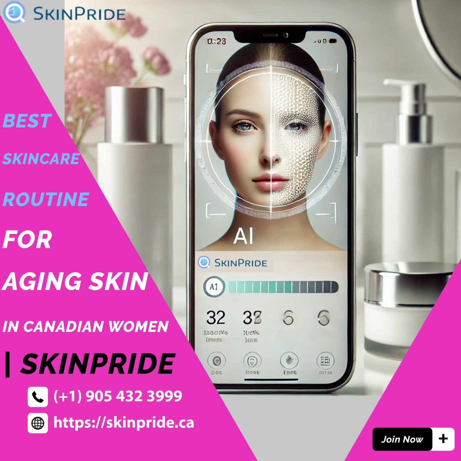 "A smartphone displaying a woman's face being scanned by AI, showing skin metrics such as hydration levels and elasticity, with skincare products in the background, representing tech-driven personalized skincare solutions." Skinpride