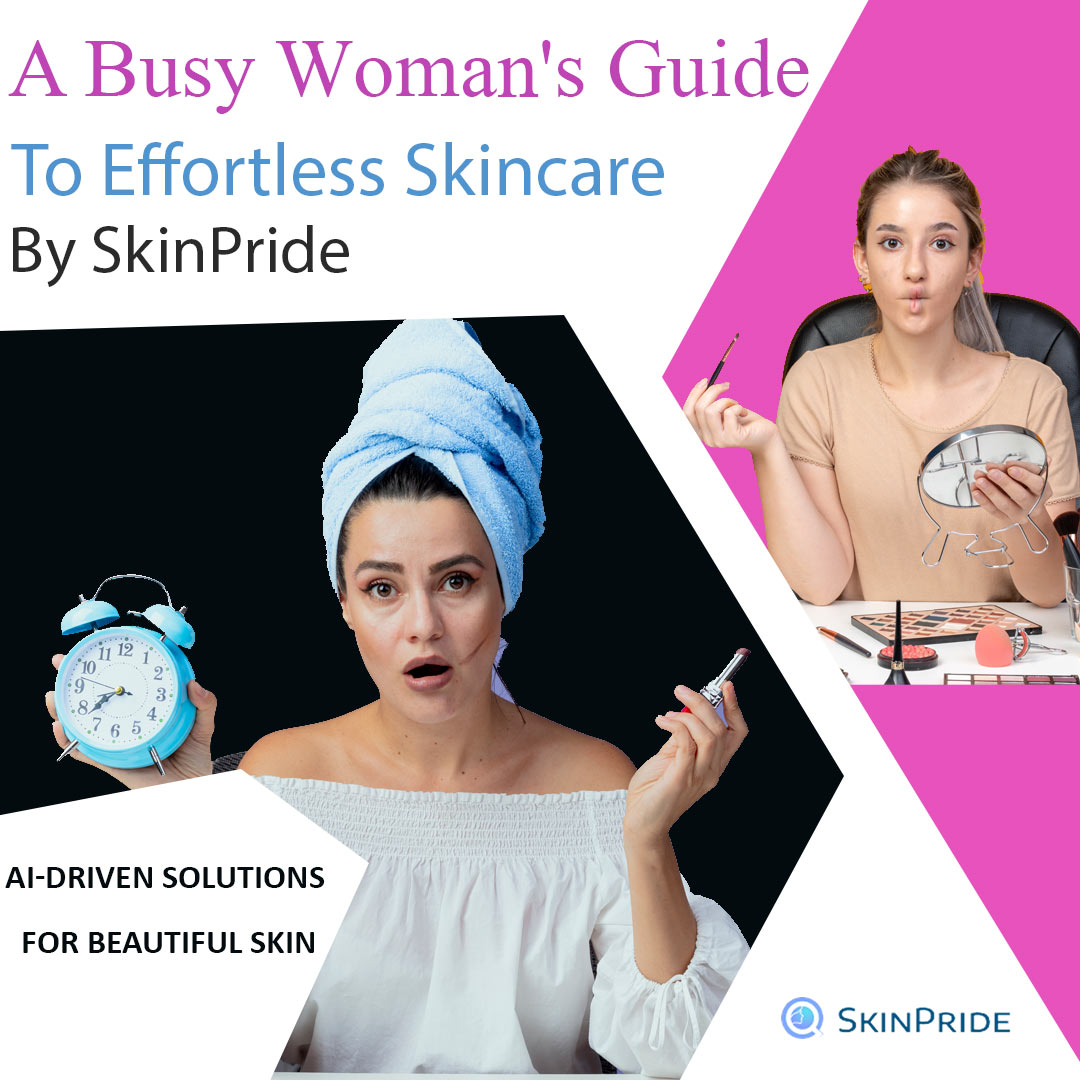 A smartphone displaying the SkinPride app interface, showing personalized skincare recommendations for busy women. The app helps women with hectic schedules easily manage their skincare routines by providing customized tips and product suggestions based on real-time skin analysis, ensuring healthy and radiant skin with minimal effort.