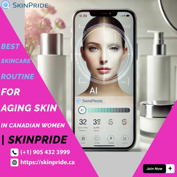 An AI-powered skincare analysis interface on a smartphone screen, displaying real-time skin metrics such as hydration, elasticity, and UV damage, generated by machine learning algorithms.