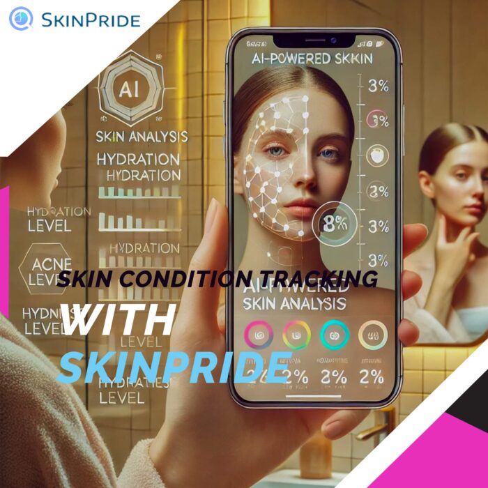 SkinPride A smartphone screen displaying a user-friendly skincare app interface. The app shows features like skin condition tracking, AI-powered analysis, and personalized skincare recommendations. Graphical icons and colorful visuals highlight various skin health metrics such as hydration levels, acne monitoring, and texture analysis. The background is soft and minimalistic, focusing attention on the app screen to emphasize its clean and accessible design.