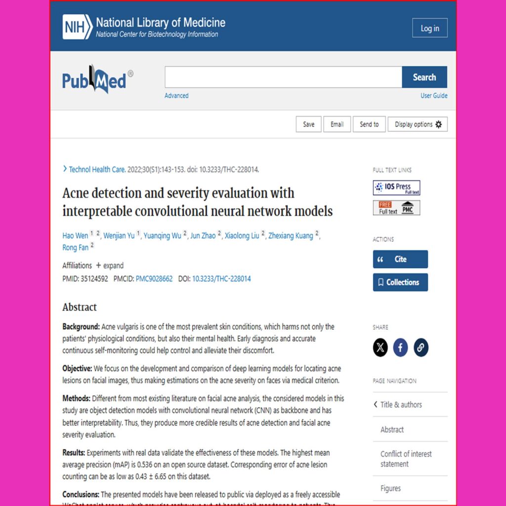 "An advanced acne detection and severity evaluation model using convolutional neural networks (CNN). The image displays facial analysis software on a computer screen, with highlighted acne spots on a face and data metrics showing severity levels.