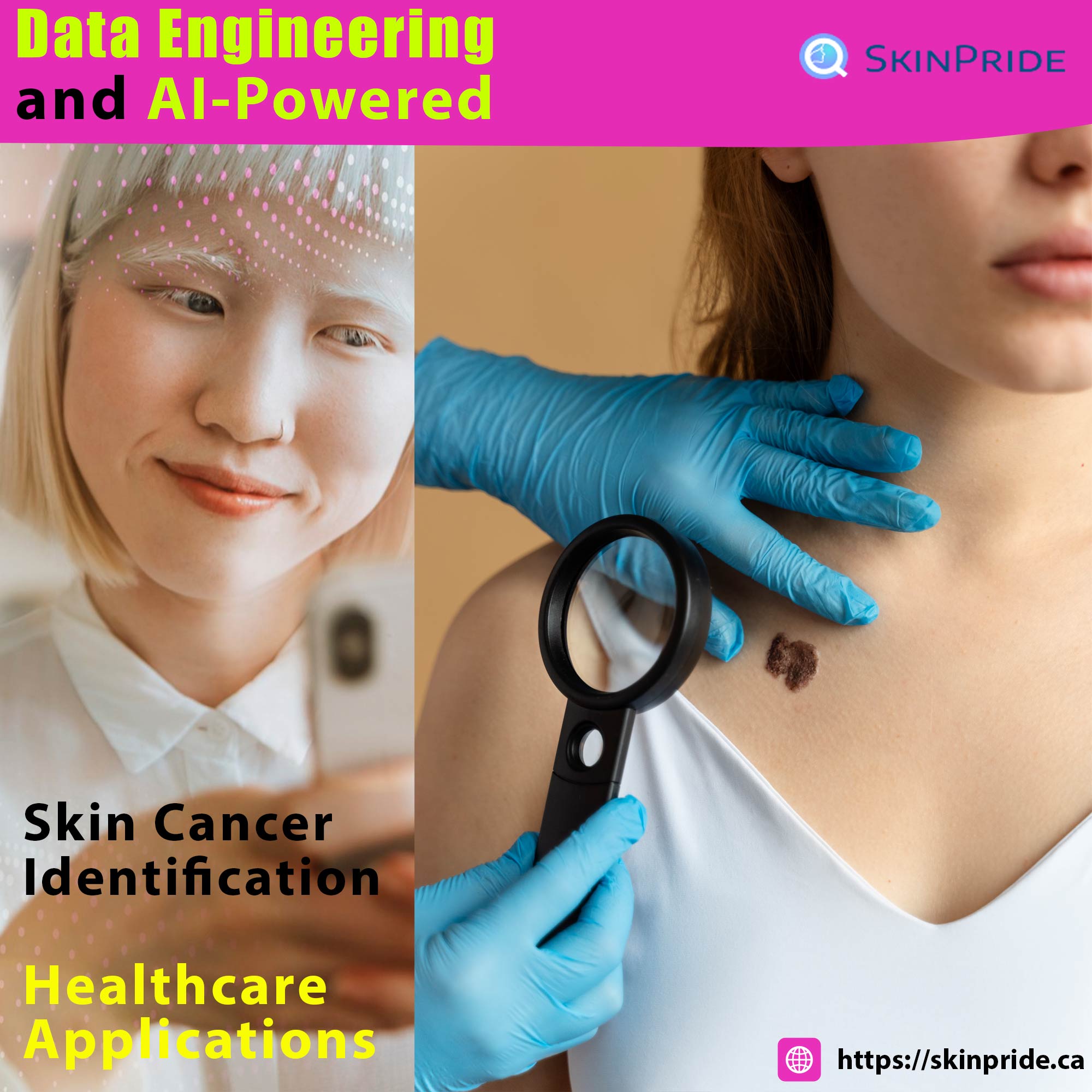 A digital interface showing a highly detailed image of human skin with highlighted sections, such as moles or lesions, being analyzed.-Skinpride