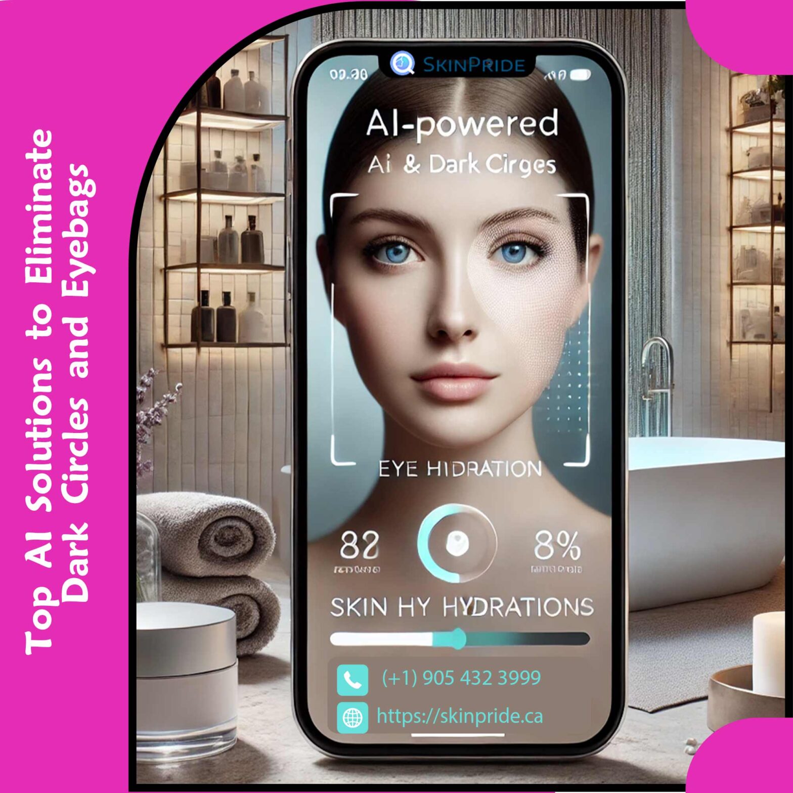 the image of the AI-powered skincare app analyzing a woman's face for eyebags and dark circles.