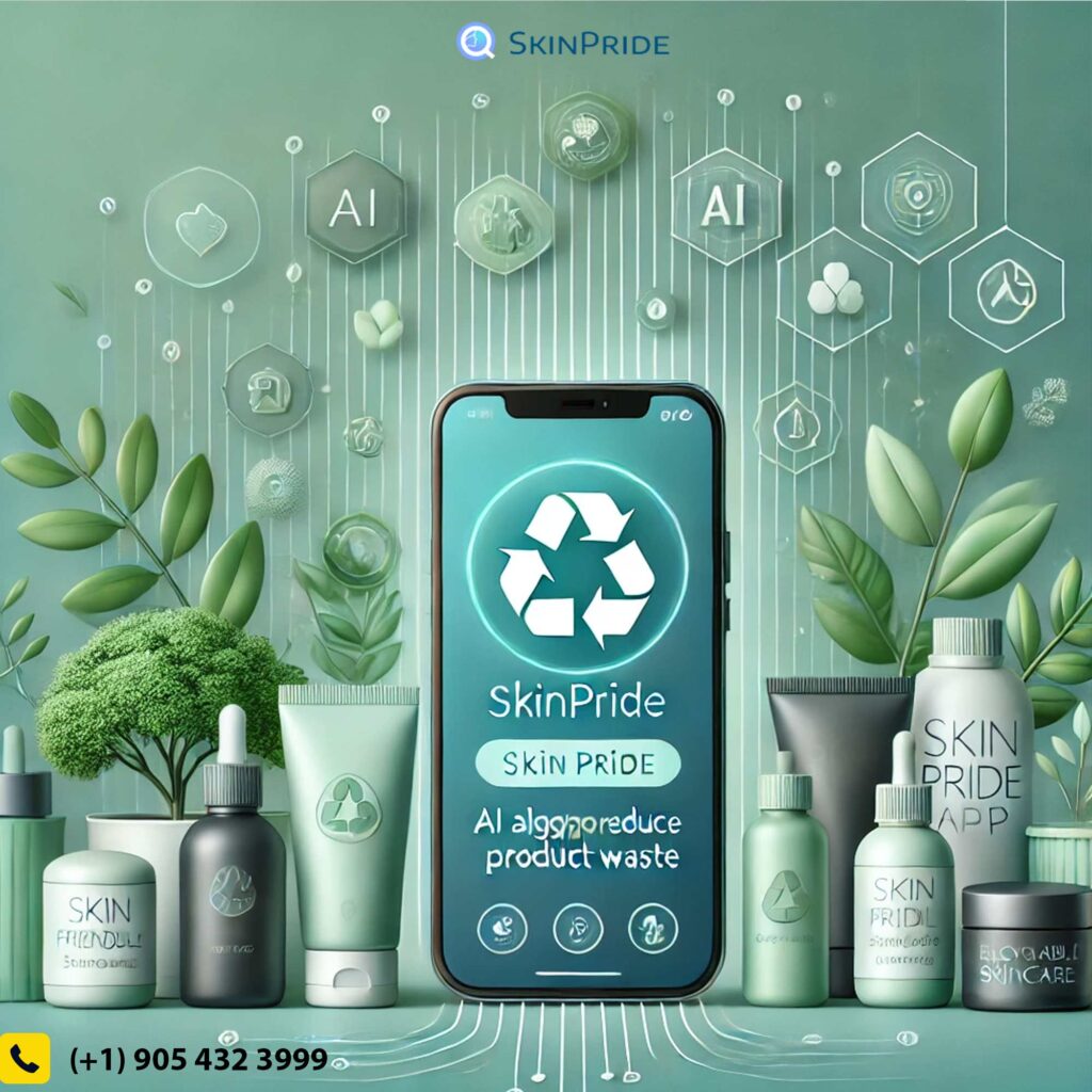 Here's an illustration showcasing the concept of sustainability in skincare, featuring AI reducing waste in beauty products. It includes eco-friendly packaging and nature-inspired elements