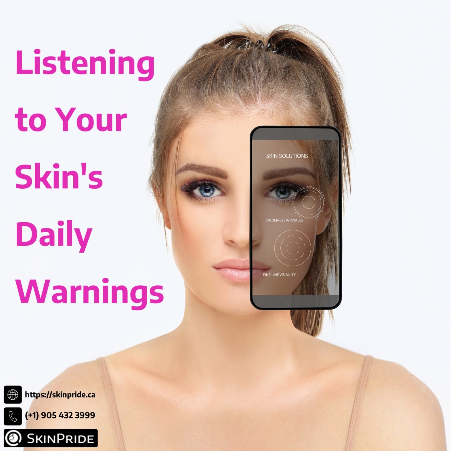 A young woman having her face scanned by artificial intelligence and a mobile phone