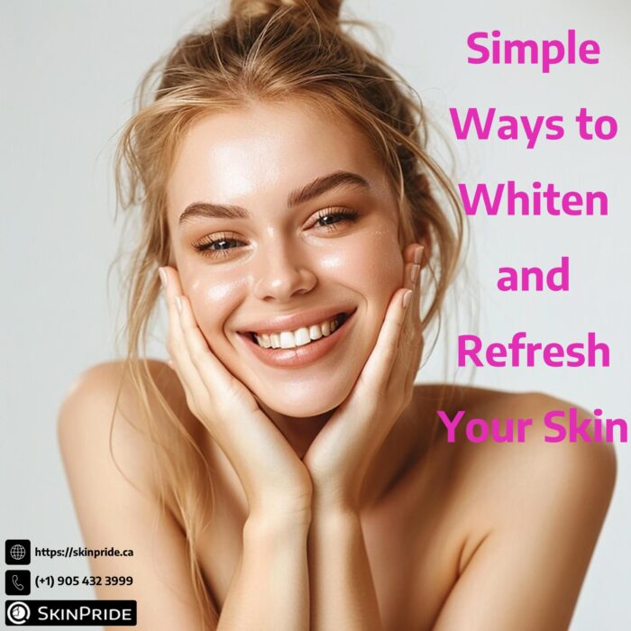 A smiling woman with white, glowing skin